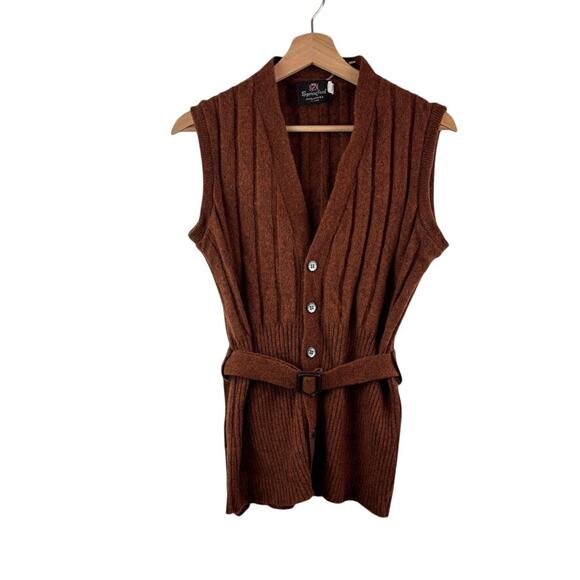 VINTAGE Springfoot Knit Vest – Belted Brown Ribbed Lambswool – Women’s L - Picture 2 of 7